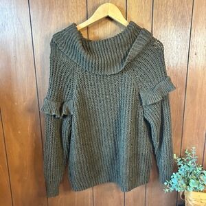 Express Olive Green Knit Ruffle Trim‎ Cowl Neck Long Sleeve Sweater